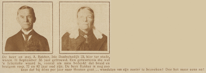 871438 Dubbelportret van het echtpaar A. Bakker (2e Daalsedijk 23) te Utrecht, dat 55 jaar getrouwd is.